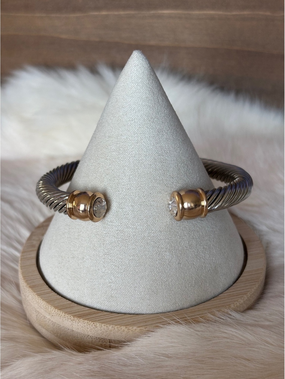 Two-Tone Open Cable Cuff Bracelet with Clear Gemstone Ends Size 6.75